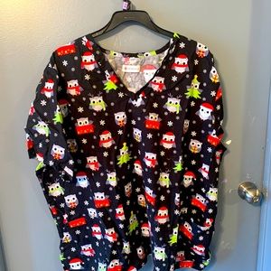 Lot of 3 Scrub tops size 4x Christmas owls, breast cancer, butterfly’s
